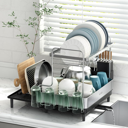 SUNLY 2 Tier Dish Drying Rack, Extra Large Dish Rack, Expandable Dish Racks for Kitchen Counter, Multifunctional Large Dish Drainers for Kitchen Counter, Black