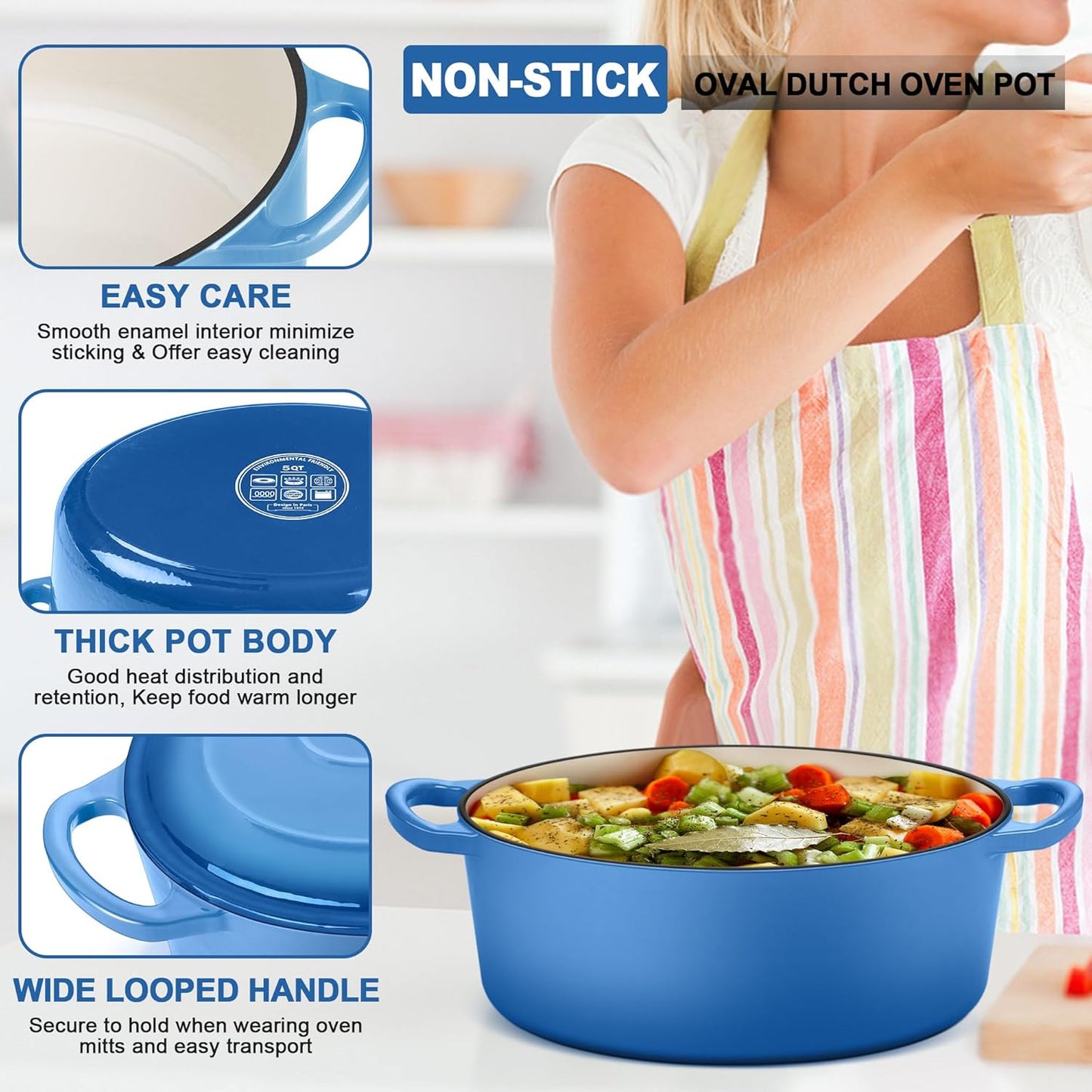 E-far 7QT Oval Dutch Oven Pot with Lid, Enameled Cast Iron Dutch Oven with Dual Handles for Sourdough Bread Baking Cooking, Nonstick Enamel Coated Cookware(Blue), Non-Toxic & Easy Clean
