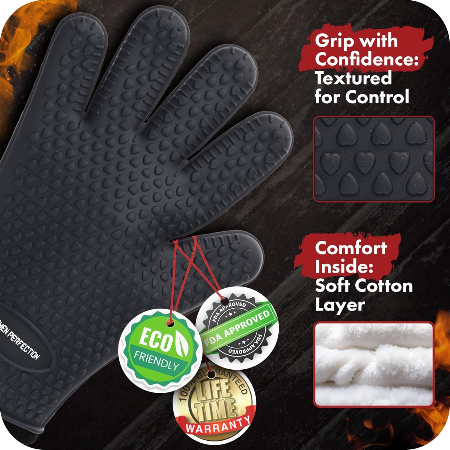 KITCHEN PERFECTION Silicone Smoker Oven Gloves-Extreme Heat Resistant BBQ Gloves-Handle Hot Food Right on Your Grill Fryer & Pit|Waterproof Grilling Cooking Baking Mitts|Superior Value Set +3 Bonuses