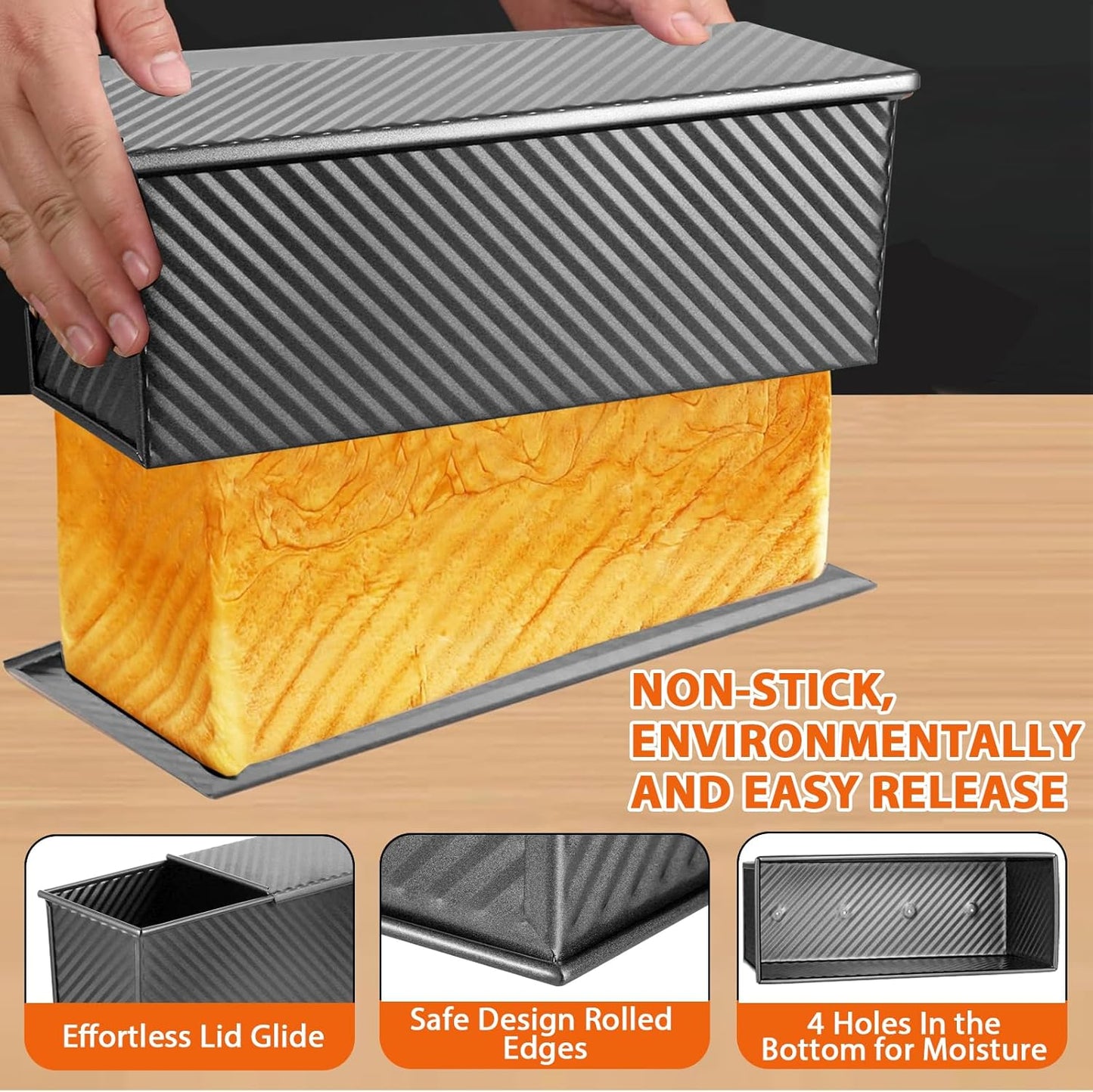 Non-Stick Pullman Loaf Pan with Lid 13x4 Inch - 2.2lb Carbon Steel Bread Baking Pan with 4 Vent Holes, Heavy Duty Sourdough Loaf Pan with Cover for Homemade Sandwich Bread (Black)