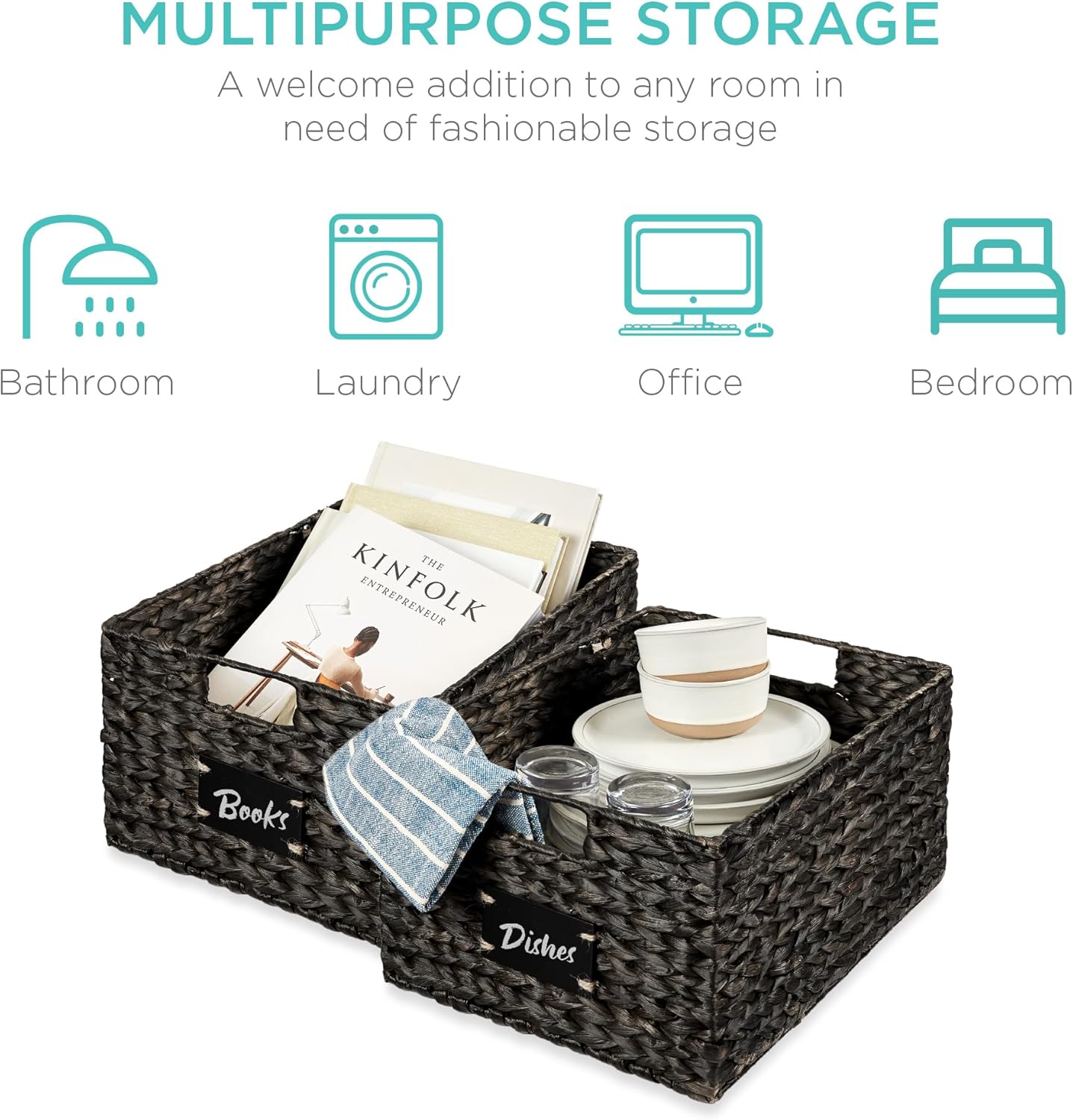 Best Choice Products Pantry Baskets Set of 2 16x12in Water Hyacinth Storage Baskets, Woven Wicker Organizers with handles w/Chalkboard Label Chalk Marker - Black