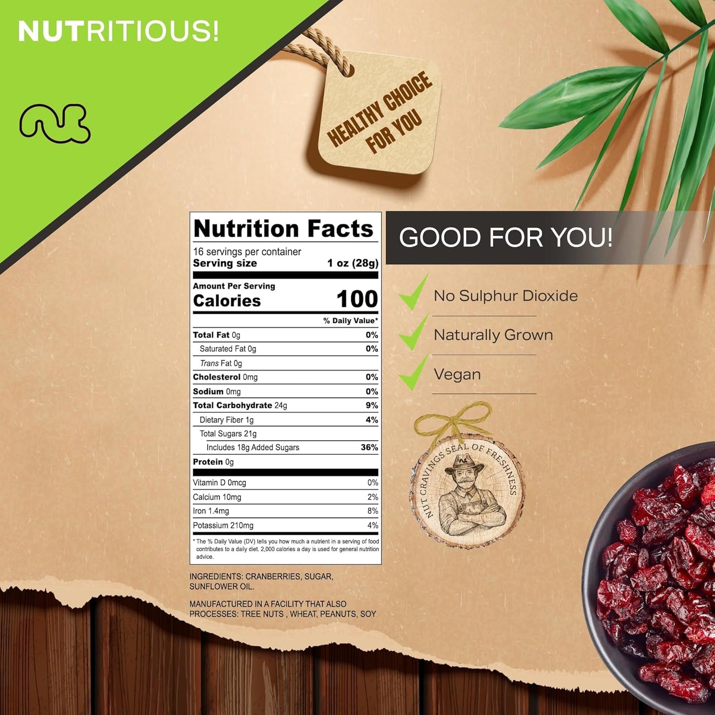 NUT CRAVINGS - Sun Dried Whole Cranberries, Lightly Sweetened (16oz, 1 LB) Bulk Dry Fruits Packed Fresh in Resealable Bag - Sweet Healthy Snack, Naturally Grown, Vegan, Kosher