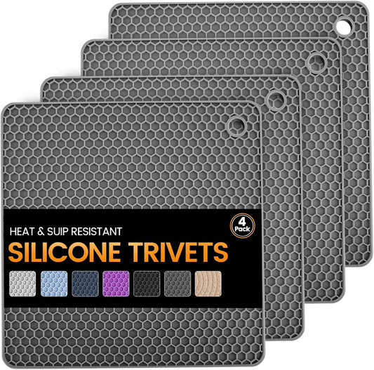 Silicone Trivet Mats 4 Heat Resistant Pot Holders Multipurpose Non-Slip Hot Pads for Kitchen Potholders, Drying mat, Jar Opener, Spoon Holder, Coaster.(Grey)