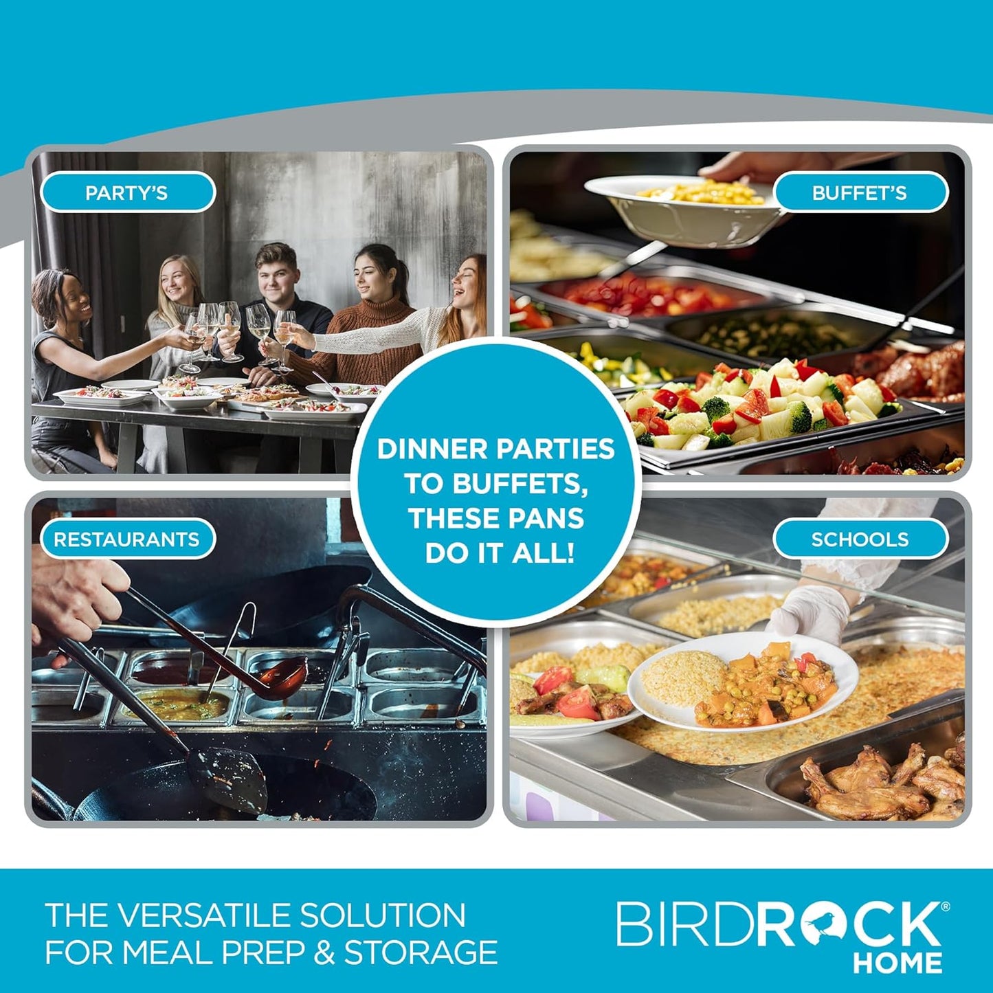 BIRDROCK HOME Stainless Steel Steam Table Pan - Hotel, Restaurant & Catering Supplies - 24 Gauge Steel, 1.8 qt Capacity - Meal Prep, Cooking, & Food Storage Container - 4" Depth, 1/6-Size (6 Pack)