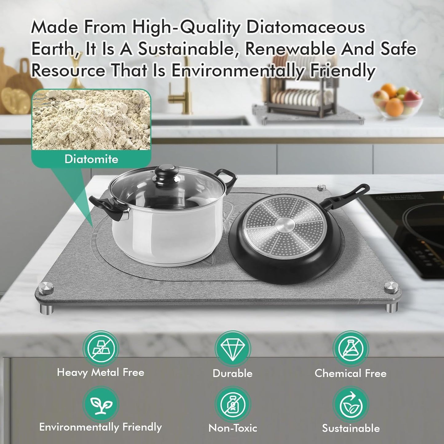 Stone Drying Mat For Kitchen Counter Superb Absorbent Diatomaceous Earth Mats with Non-Slip Feet Quick Dry Stone Dish Drying Pad Dish Pad Multi-Purpose(Floral-MediumGray, 15.7" x 11.8")