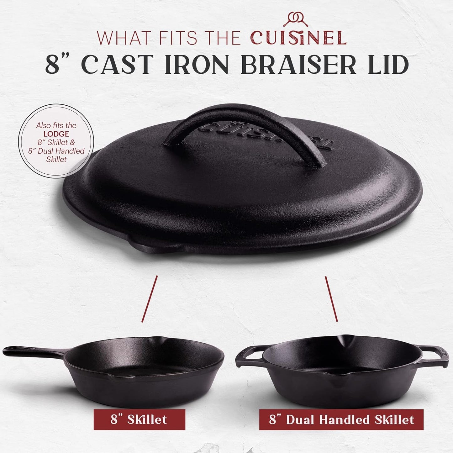 Cuisinel Cast Iron Lid - Fits 8"-Inch / 20.32cm Lodge Skillet, Frying Pans or Braiser + Silicone Handle Holder + Care Guide - Pre-Seasoned Replacement Cover - Indoor/Outdoor, Oven, Open Fire, BBQ Safe