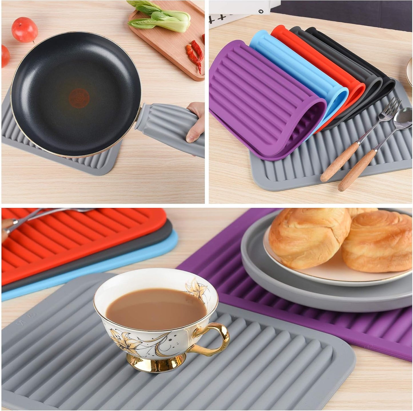 Silicone Trivets for Hot Dishes, Hot Pads for Kitchen-Versatile Trivet Mat for Hot Pots&Pans-Heat Resistant Mats for Counter&Table, Silicone Pot Holders-Dishes Drying Mat (9x12) Pack 2 Purple