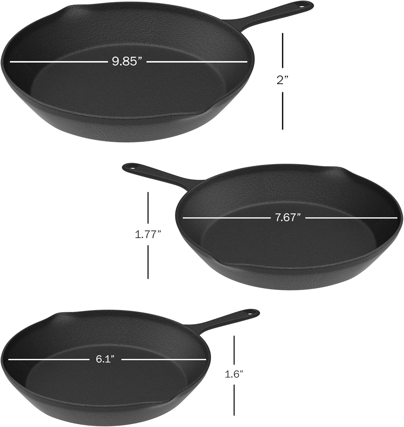Frying Pans - Set of 3 Pre-Seasoned Cast Iron Skillets with 10-Inch, 8-Inch, and 6-Inch Sizes - Nonstick Camping Cookware by Home-Complete (Black)