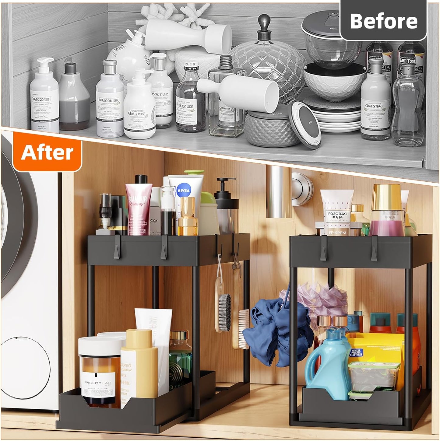 Simple Trending Under Sink Organizer 2 Pack, Sink Pull-Out Sliding Storage Cabinet, 2-Tier Under Shelf Organizer for Kitchen Bathroom, Black
