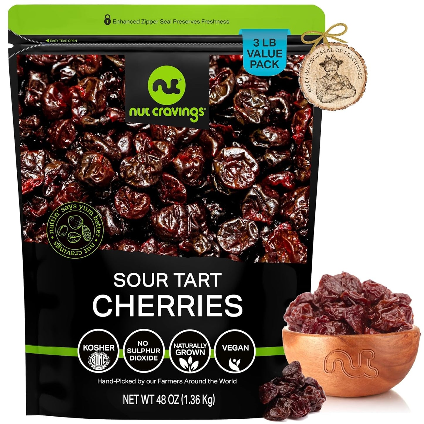 NUT CRAVINGS - Sun Dried Sour Tart Cherries, Lightly Sweetened (48oz, 3 LB) Bulk Dry Fruits Packed Fresh in Resealable Bag - Sweet Healthy Snack, Naturally Grown, Vegan, Kosher