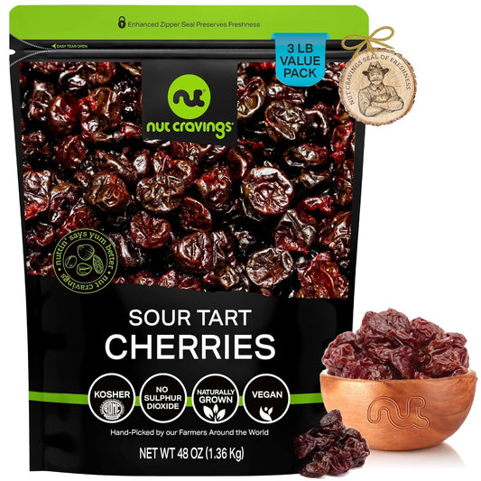 NUT CRAVINGS - Sun Dried Sour Tart Cherries, Lightly Sweetened (48oz, 3 LB) Bulk Dry Fruits Packed Fresh in Resealable Bag - Sweet Healthy Snack, Naturally Grown, Vegan, Kosher