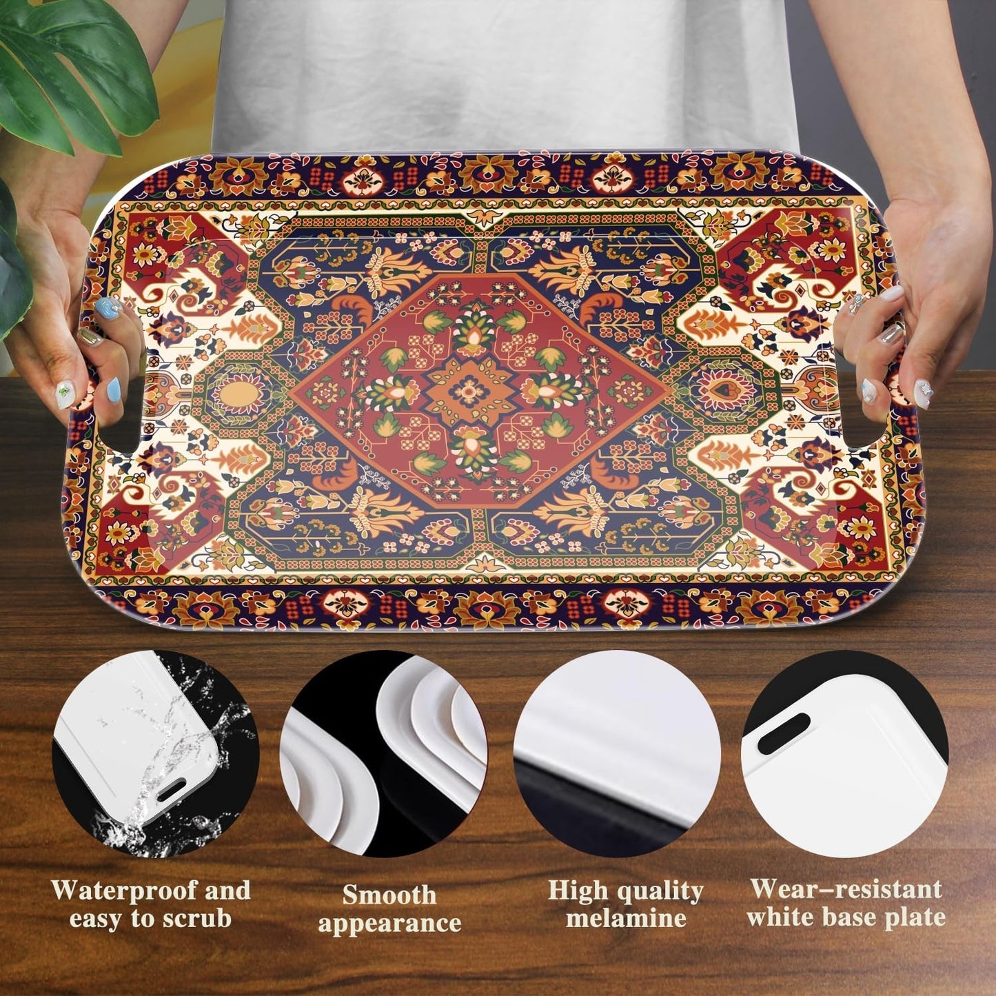 Serving Trays with Handles, 14.5 x 9.8 inch Rectangular Plastic Tray for Restaurant, Kitchen, Dark Red Pattern