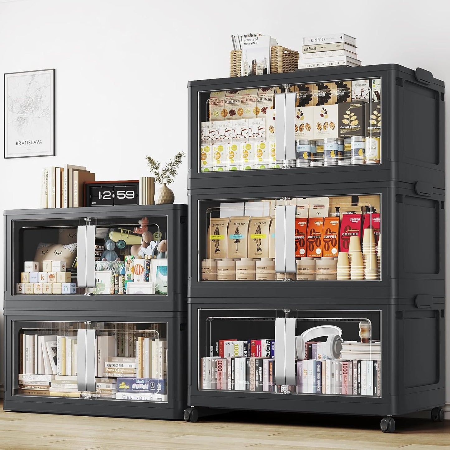 800QT Stackable Storage Bins with Lids, 200Gal Extra Large Collapsible Storage Box with Wheel, Plastic Storages with Clear Door Open Front for Home Living Room Garage, Black-5pack(5 lids)