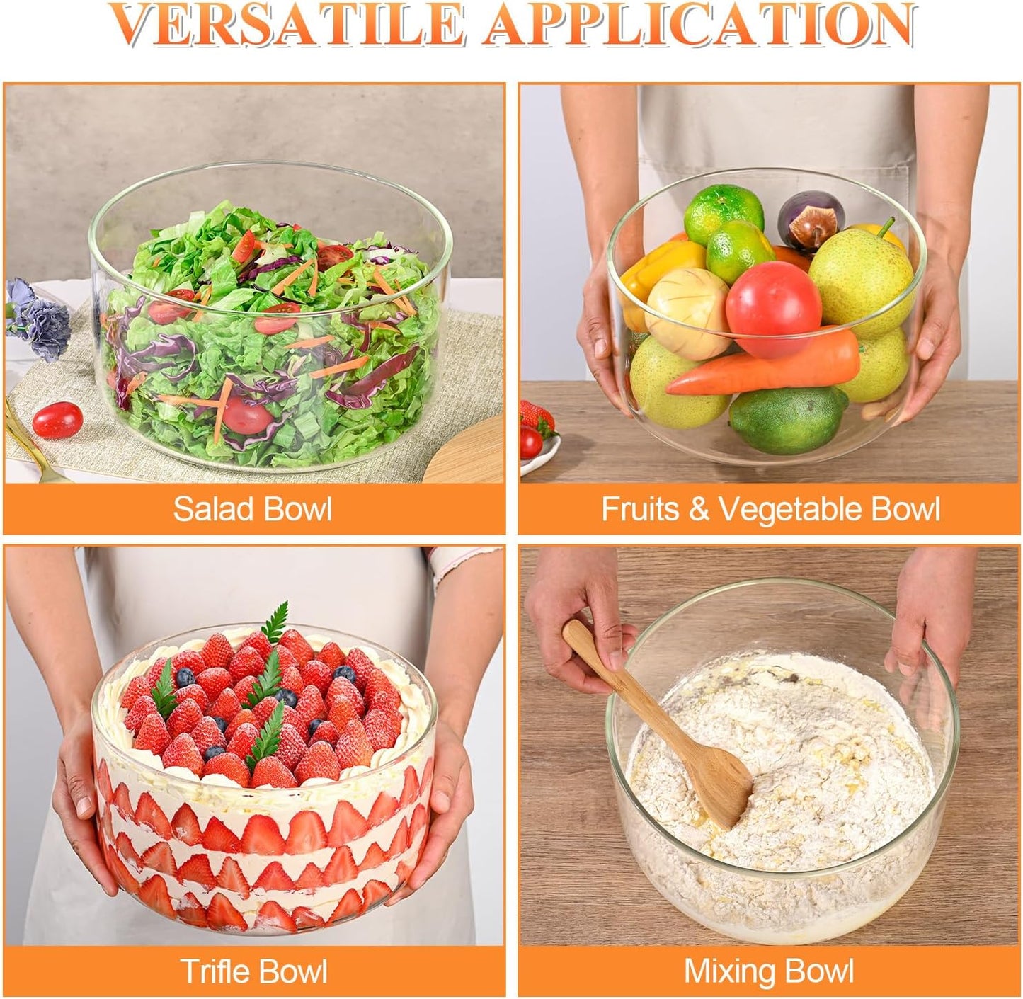 Large Salad Bowl, 8 inch Trifle Bowl Glass with Sealed Lid, Versatile Mixing and Serving Bowl for Laying Ice Cream,Cake,Cupcake,Salad,Fruit,Baking,Dessert and Party Diy, Microwave Safe