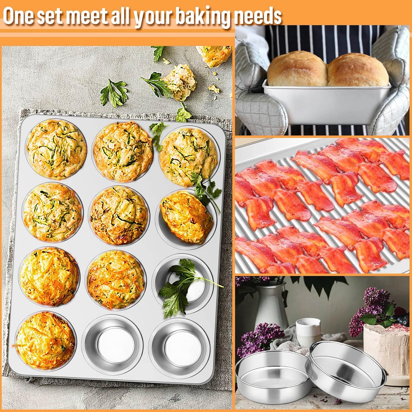 E-far 6-Piece Baking Pans set, Stainless Steel Bakeware Set for Oven, Include 8-Inch Cake Pan/Rectangle Baking Cookie Sheet/Muffin/Loaf Pan, Non-Toxic & Heavy Duty, Dishwasher Safe