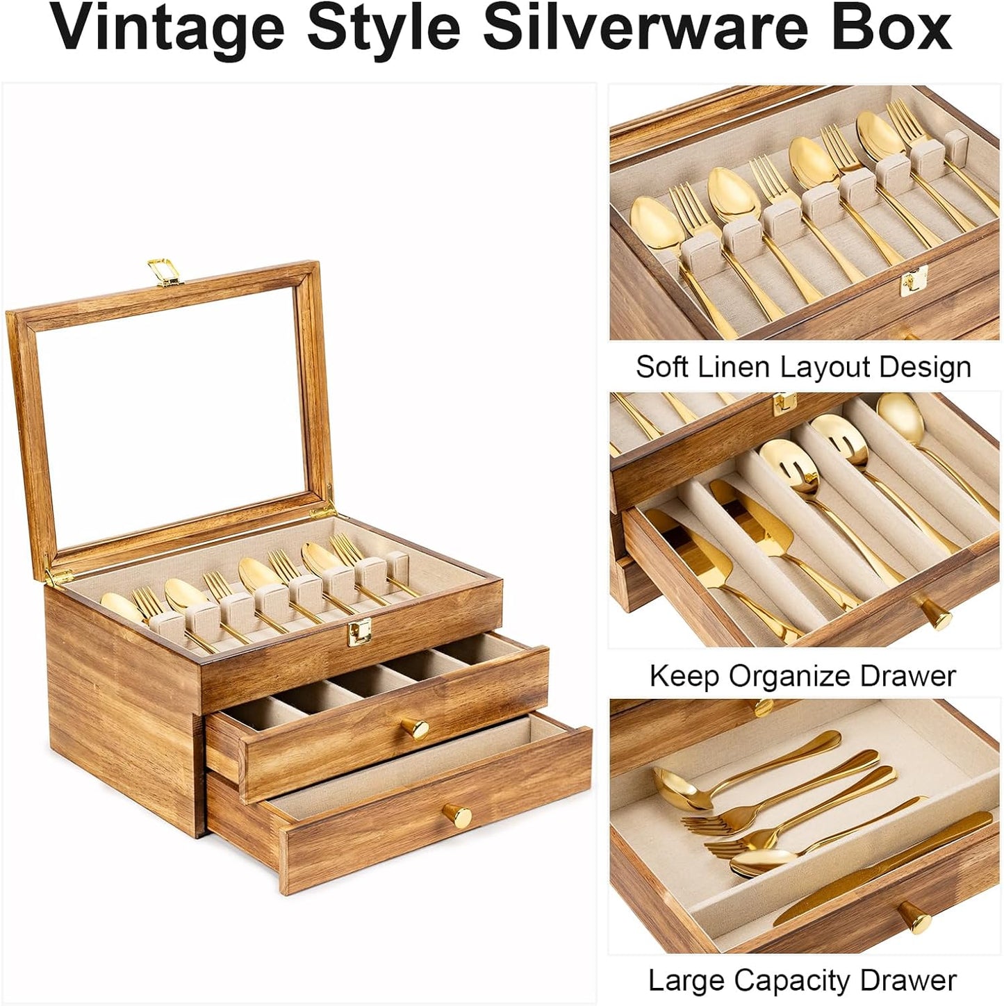Silverware Box, 3-Layer Wooden Silverware Storage Box with Glass Lid, 14.5×10.6 Inches Vintage Style Decor Flatware Storage Case for Fine Flatware & Utensils, Gift Idea (Torched Wood)