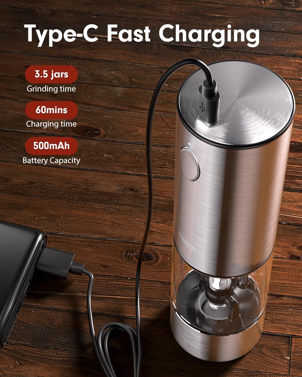 TOMEEM Upgraded Larger Capacity Electric Salt and Pepper Grinder Set Rechargeable with LED lights, Stainless Steel Automatic Pepper and Salt Grinder Refillable with 5 Adjustable Coarseness