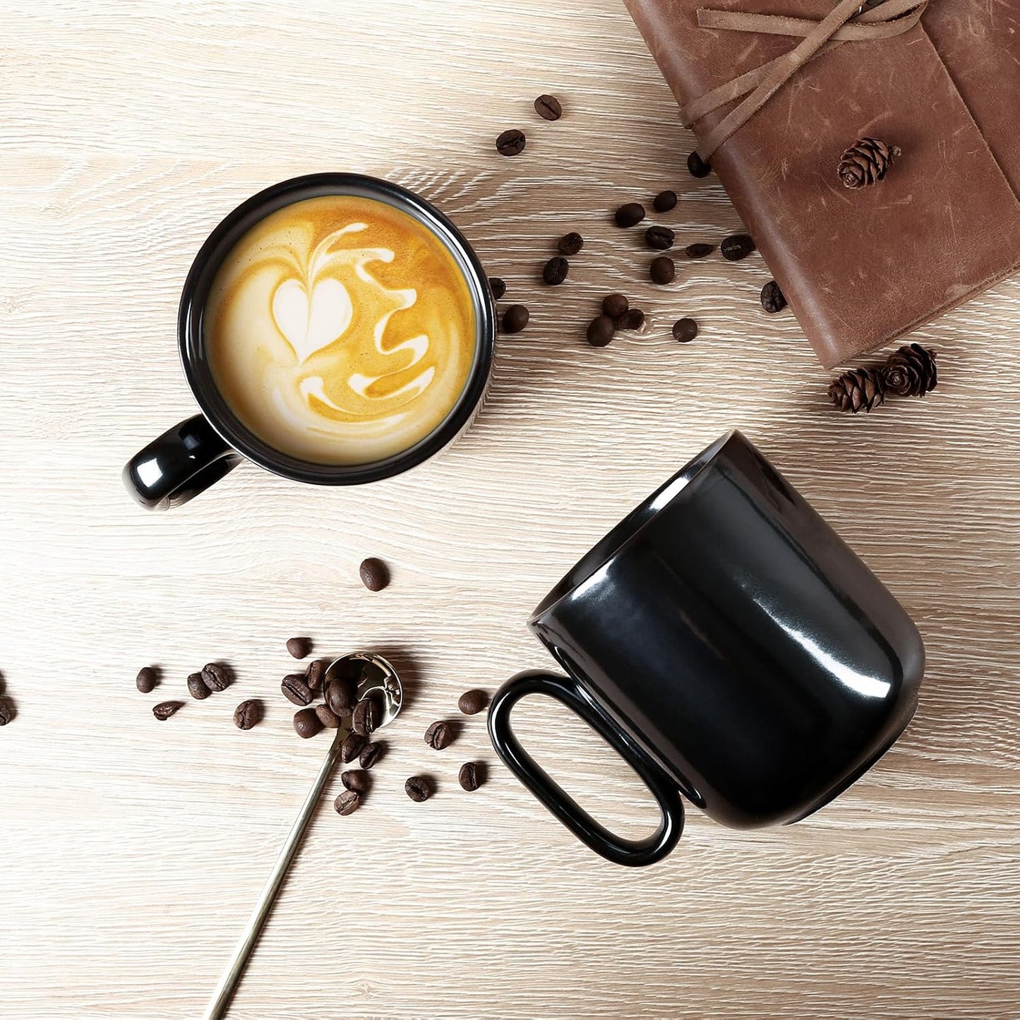 vicrays Ceramic Coffee Mug Set - 18 Ounce Large Stoneware Mug for Men Women - Unique Glazed Porcelain Mugs with Handle for Coffee Latte Tea Milk Cocoa - Set of 4 (Black)