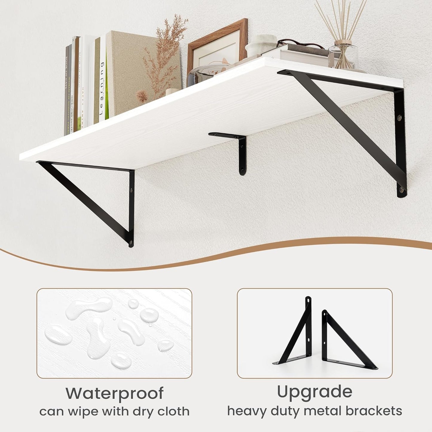 Heimlove White Deep Floating Shelves for Wall, 36W x 8D Wood Wall Shelves Set of 2, Wide Floating Bookshelf for Living Room, Kitchen, Office, Bedroom and Decor Storage, with Black Bracket - White