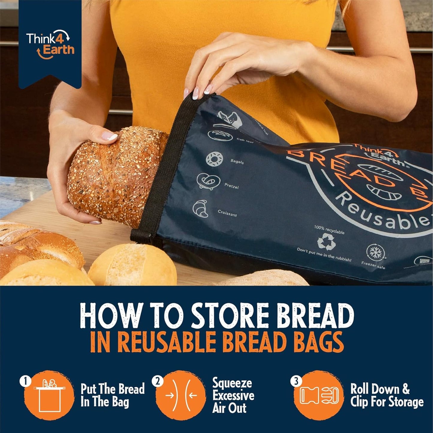 THINK4EARTH® Premium Blue Reusable Bread Bags for Homemade Bread – Durable & Washable(2 Pack)