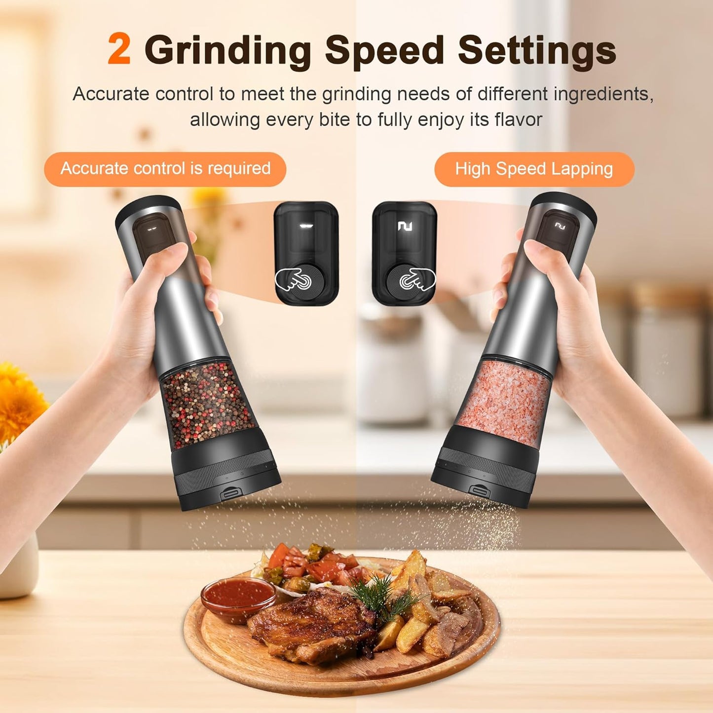 Electric Salt and Pepper Grinder Set, 2-Speed Setting, Stainless Steel Rechargeable Automatic Pepper Mill Shakers with USB Charging Base,100ml Large Capacity, External Adjustable Coarseness,LED Light