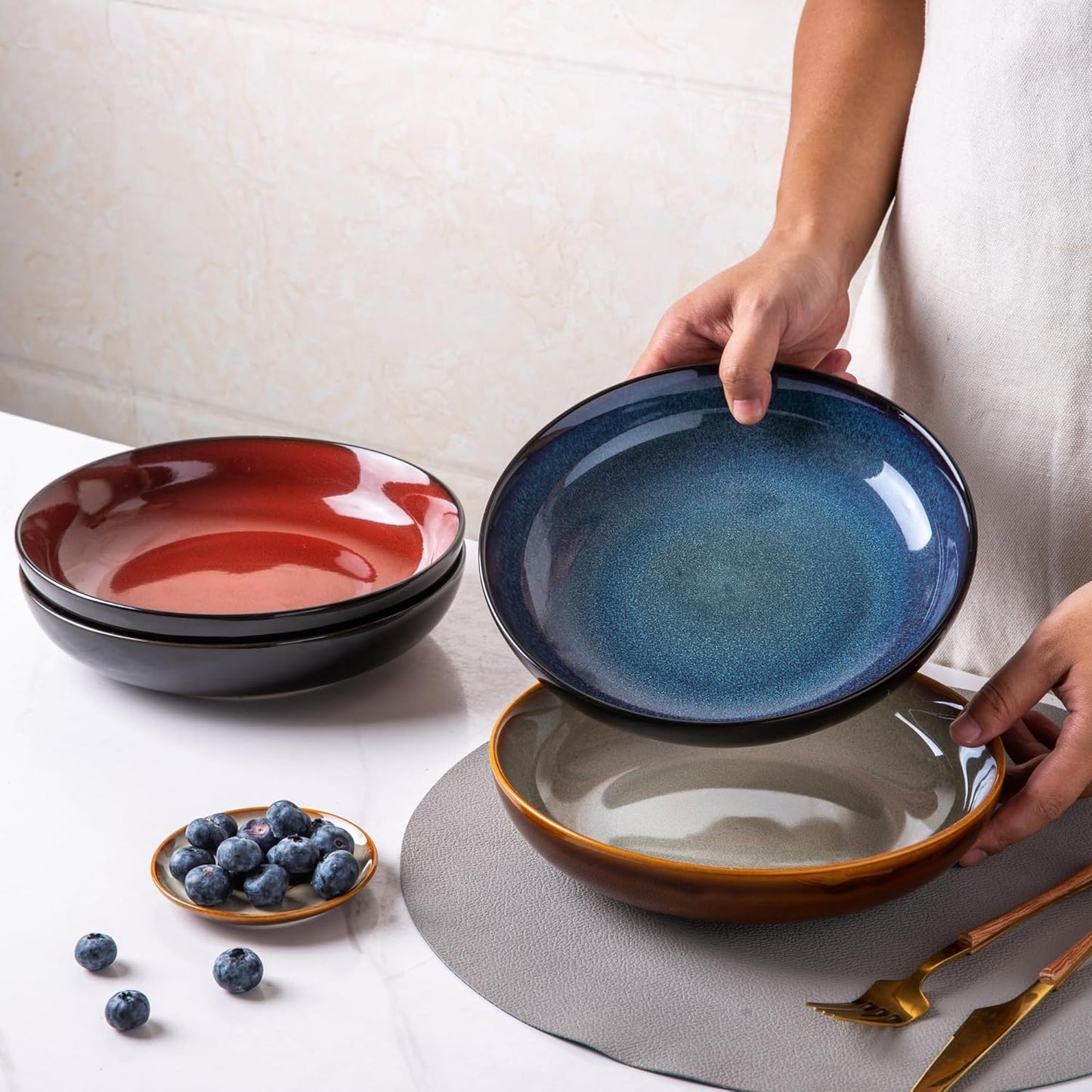 LERATIO Pasta Bowls,Ceramic 38oz Pasta Bowls,9.0" Reactive Glaze Pasta Bowl Set of 4,Microwave & Dishwasher,Oven Safe,Large Wide Serving Bowls for Salad, Dessert,Pizza,Fruit -Colorful