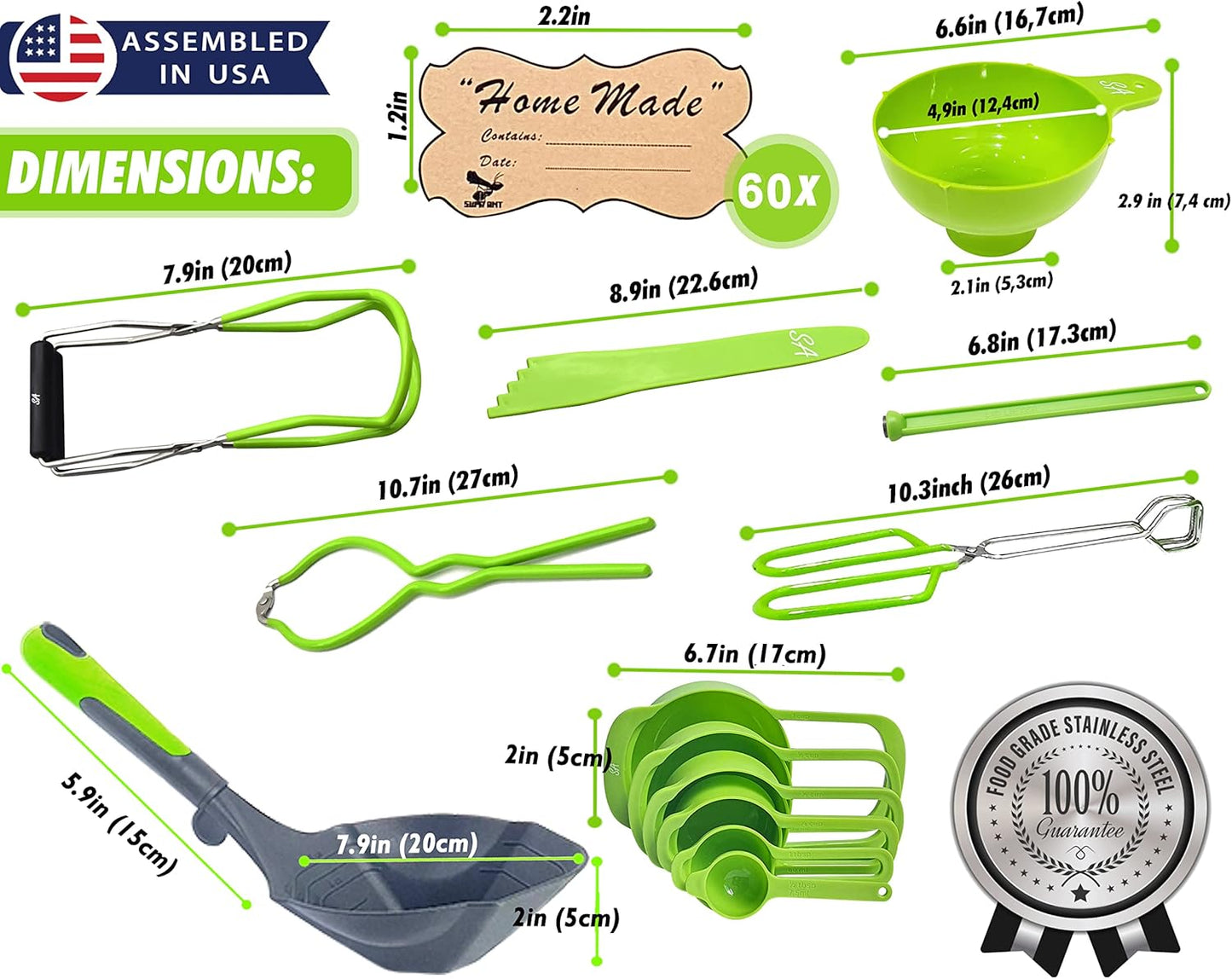 Supa Ant Canning Supplies - US Assembled Certified Food Grade Stainless Steel Canning Kit with XL Ladle, Wide Kitchen Funnel, Jar Lifter and Wrench, Bubble Popper/Measurer, Lid Lifter, Kitchen Tongs