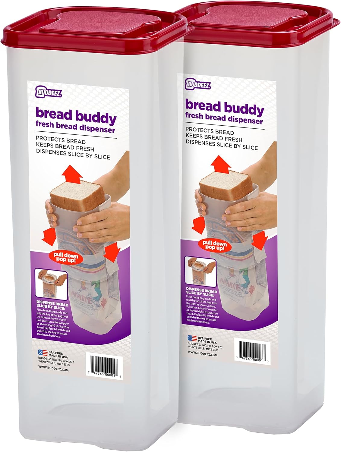 Buddeez Bread Buddy Bread Box – Red Lid, Pack of 2