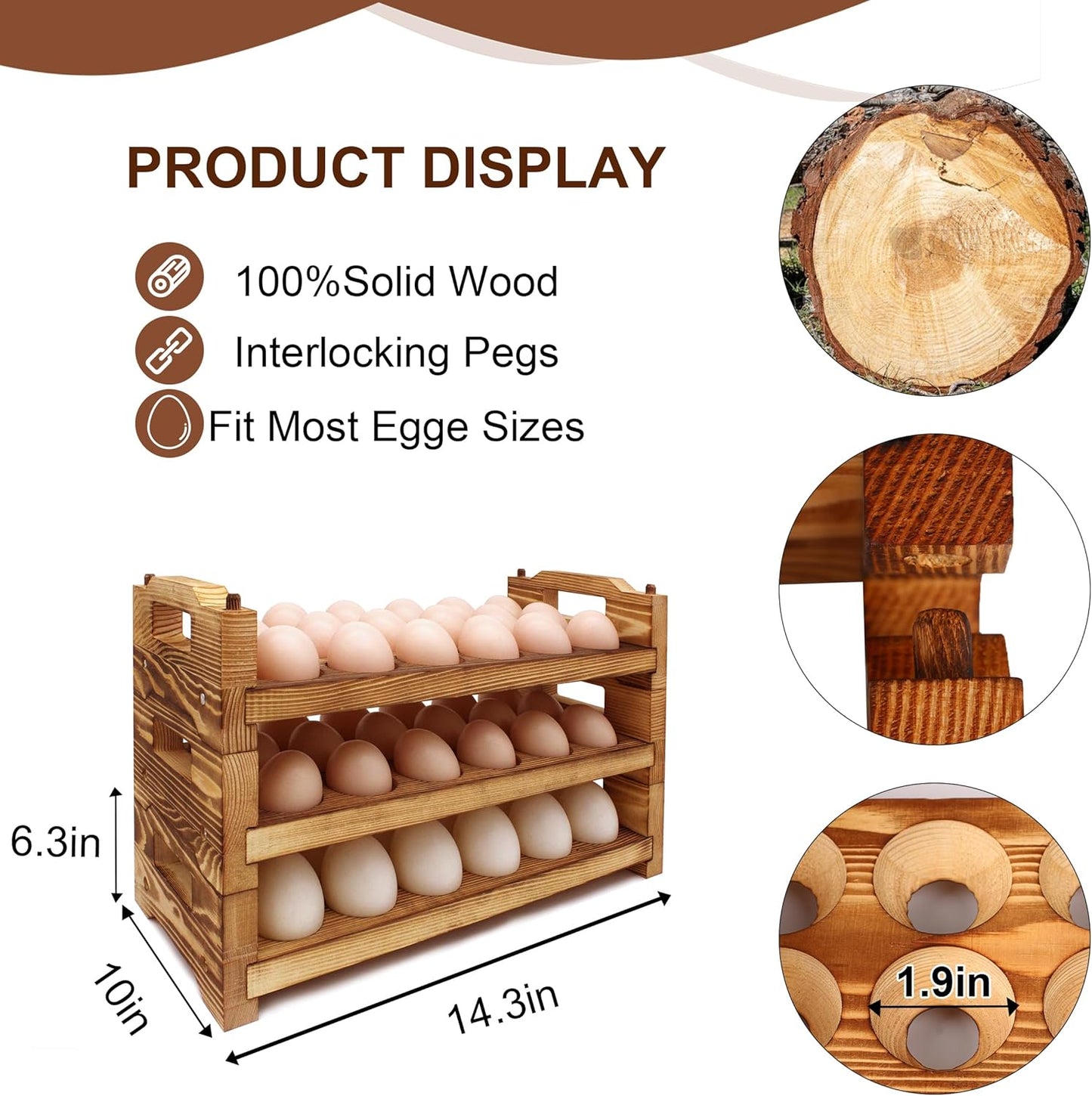 CVHOMEDECO. Wooden Egg Holder Countertop Fresh Egg Holders Firewood Egg Collecting Rack for Gathering Fresh eggs, Stackable with 54 eggs, Home Kitchen Organizer, Set of 3 PCS