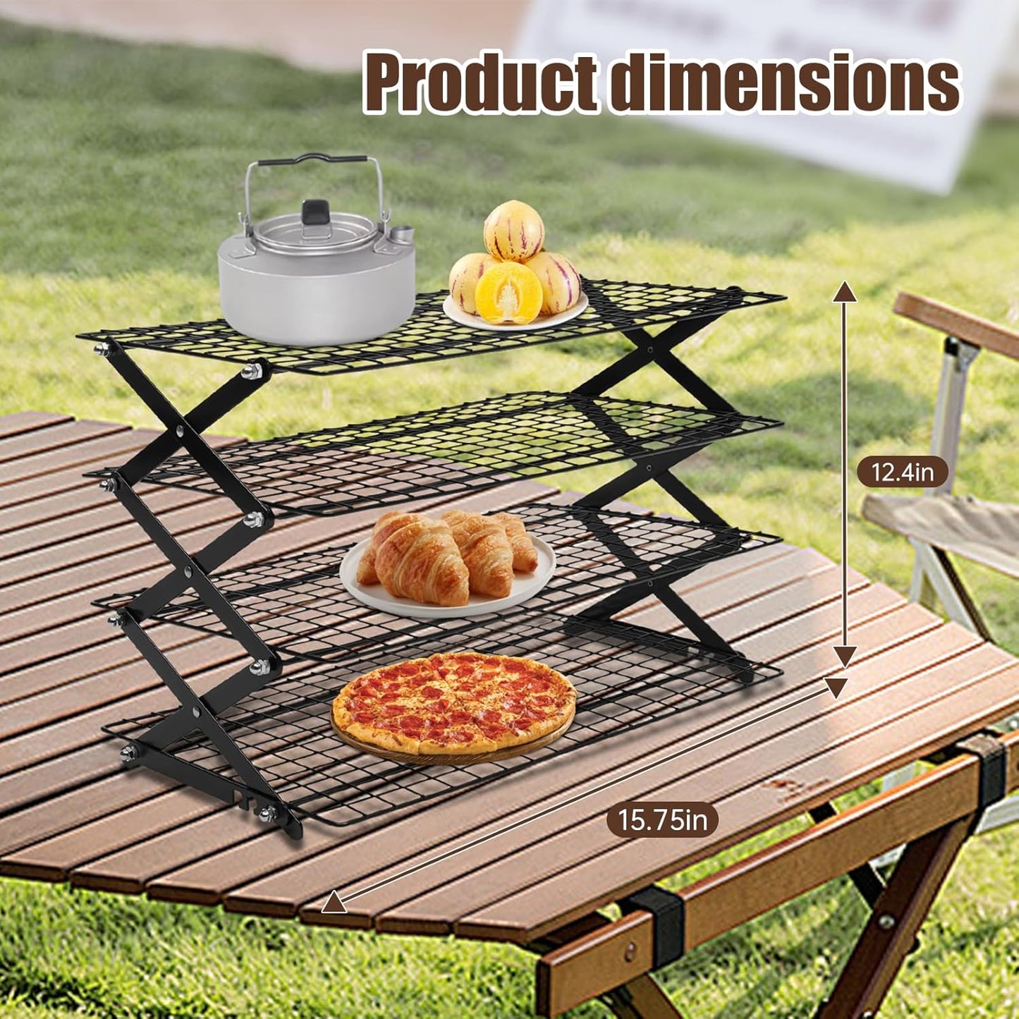 4-Tier Collapsible Cooling Rack – 16" x 10" Adjustable Stackable Non-Stick Wire Rack for Baking, Roasting, Cookies, Cakes, Drying, Picnic & BBQ, Each Tier Holds 22 Lbs