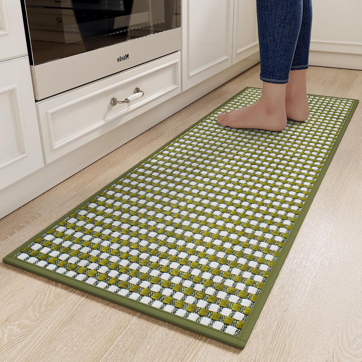 Kitchen Rugs Non Slip Washable, Rubber Backing Soft Chenille Braided Kitchen Mats for Floor, Super Absorbent Kitchen Runner Rug Standing Mat Sink Mat, Easy to Clean, Green 17"x47"