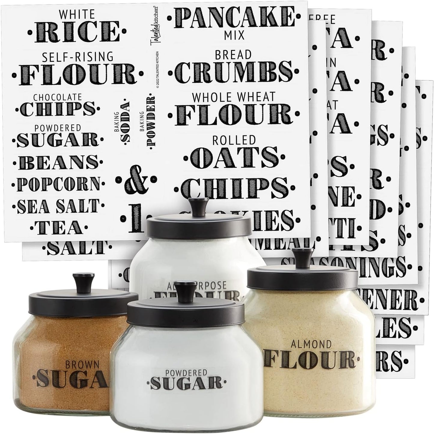 Talented Kitchen 154 Pantry Labels for Food Containers - Assorted Sizes & Black Bold Text on Clear Waterproof Vinyl - Preprinted Vintage Kitchen Labels & Farmhouse Style Pantry Organization