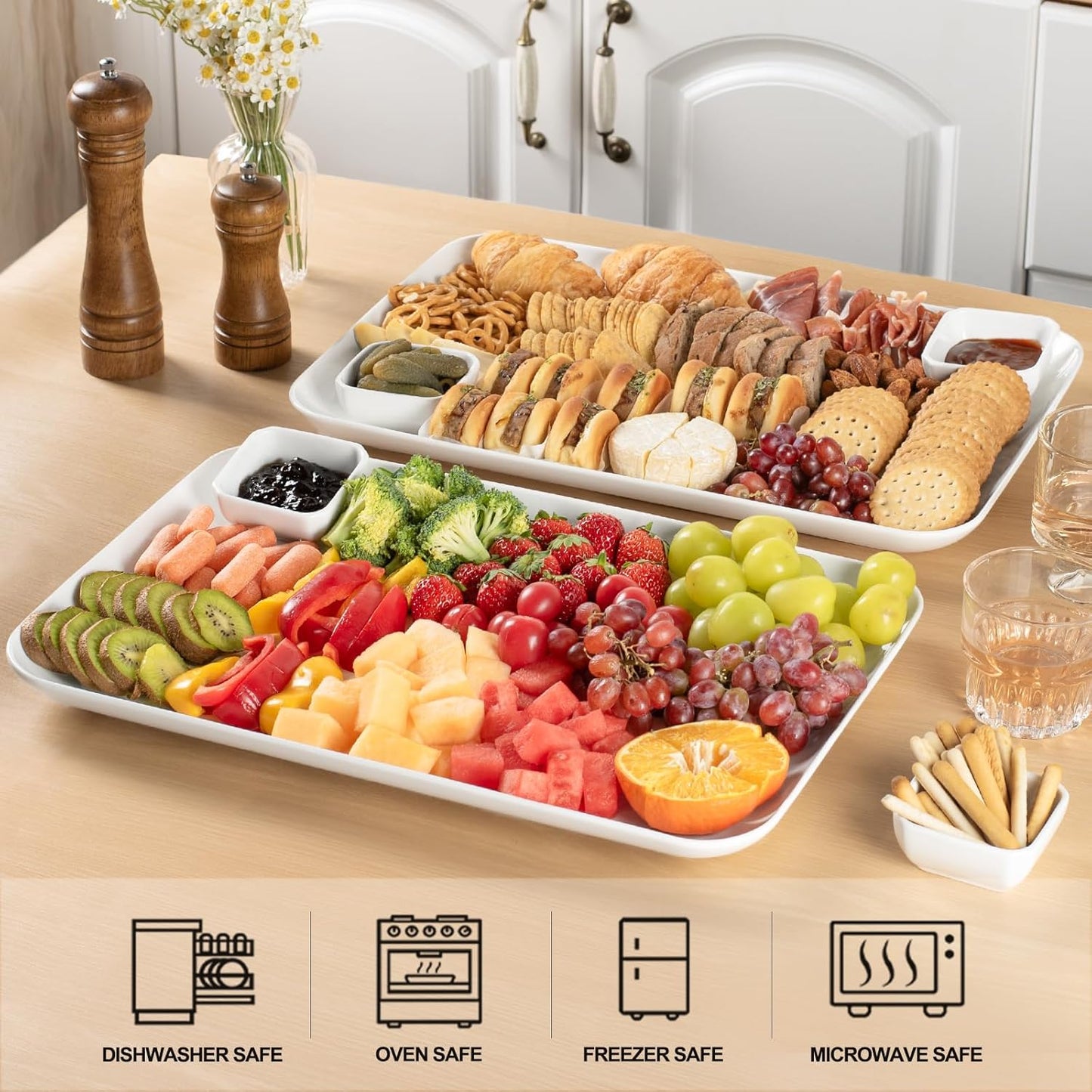 DELLING Large Serving Platter, 18" x 12.3" Serving Tray-Set of 2, White Platters for Serving Food, Serving Trays for Party, Fruit, Appetizer, Serving Trays for Entertaining at Parties and Weddings