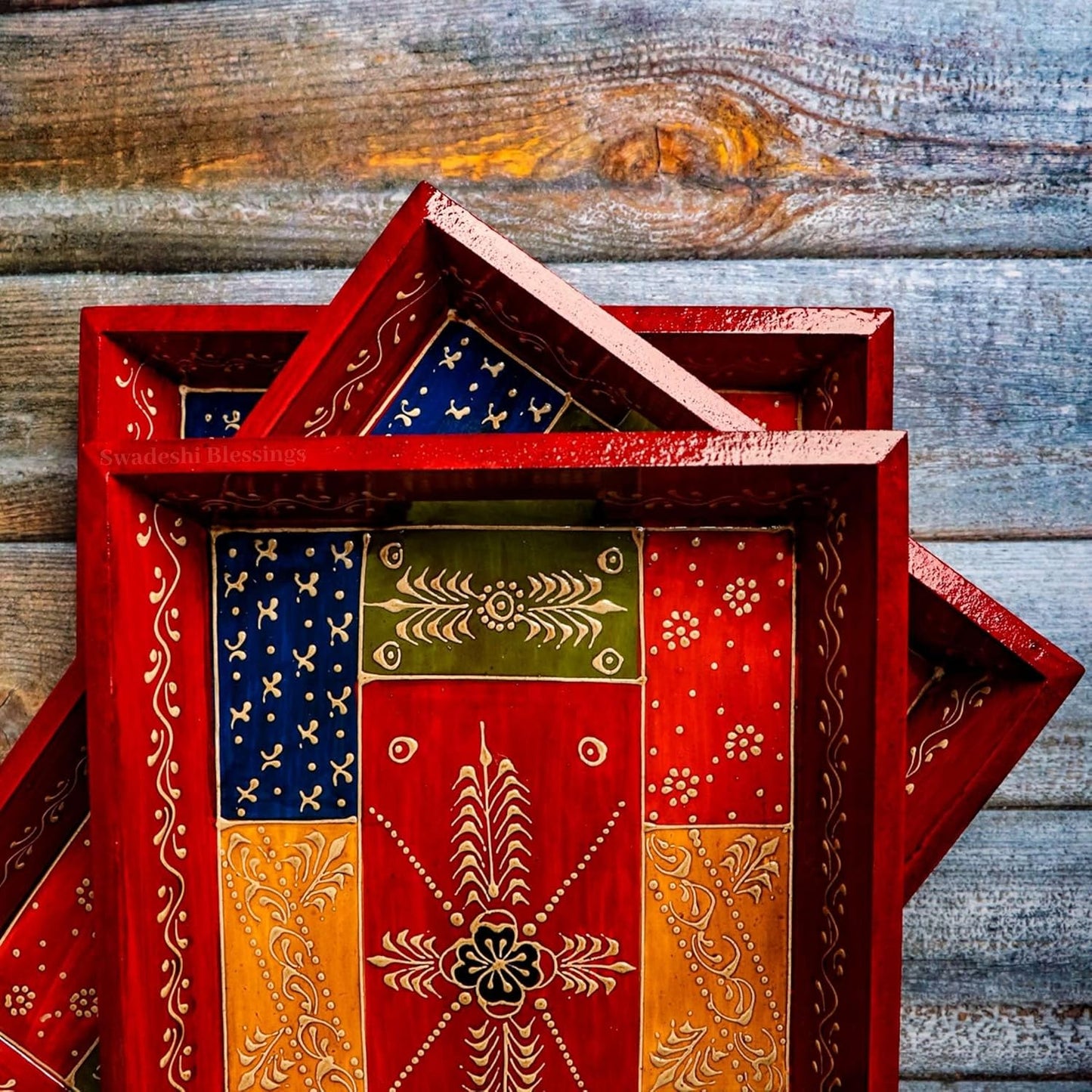 Swadeshi Blessings Handcrafted & Hand-Painted Embossed Wooden Serving Trays Set of 3- for Kitchen/Table & Home Decor/Dinning/Gifts/Restaurants/Living Room/Coffee Table (AntiqueRed)