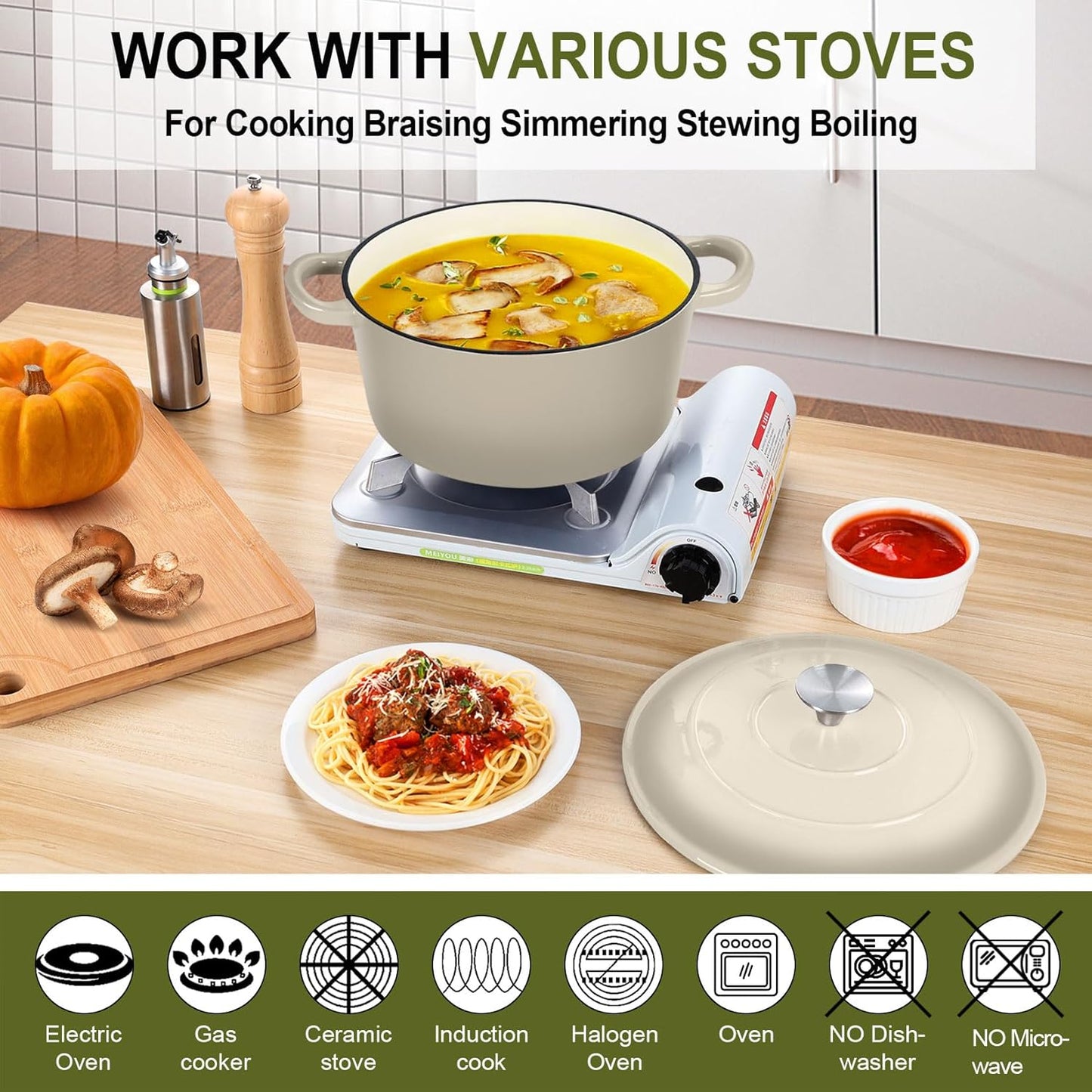 P&P CHEF 6QT Enameled Dutch Oven, Cast Iron Dutch Oven Pot with Lid for Bread Baking, Enameled Casserole Pot for Roasting Braising Stewing Frying Simmering, Various Stoves & Easy Clean, Khaki