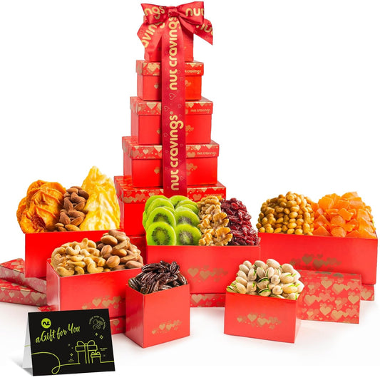 NUT CRAVINGS - Dried Fruit & Mixed Nuts Gift Basket Red Tower + Heart Ribbon (12 Assortments) Food Arrangement, Healthy Snack Care Package, Food Assortments