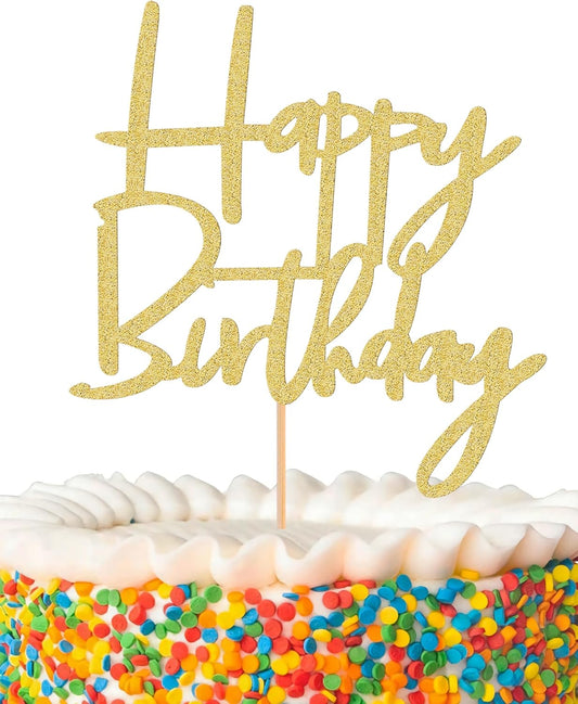 Happy Birthday Cake Topper - Glitter Gold Birthday Cake Top Decorations (Gold)