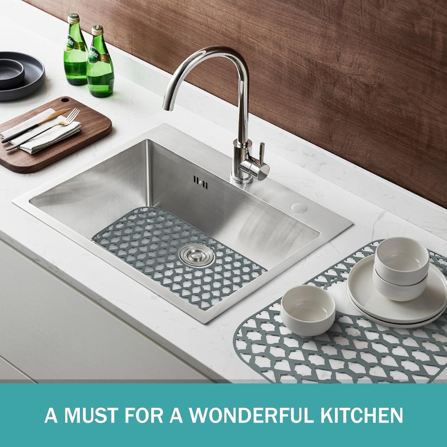 Sink Protectors for Kitchen Sink 19x14 & 21x16 & 22x13 & 26x14 & 28x14.4 & 30x16, Large Silicone Sink Mats Grid for Bottom of Farmhouse Stainless Steel Sink (22”x13”, Rear Drain)