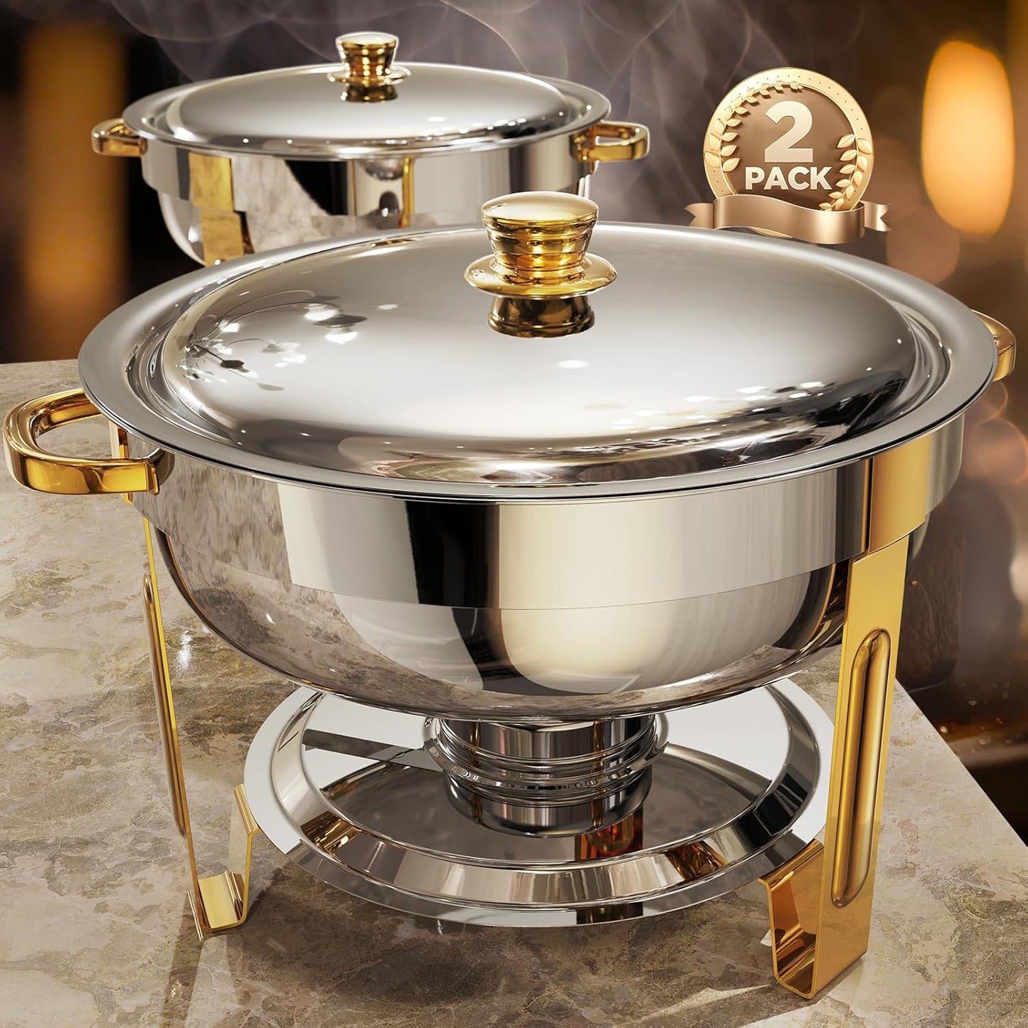 Chafing Dishes for Buffet 2 Pack, 6QT [Worry-Free Assemble] Round Chafing Dish Buffet Set [Elegant Gold and Silver Colors] Stainless Steel Chafers and Buffet Warmers Sets for Parties with Complete Set