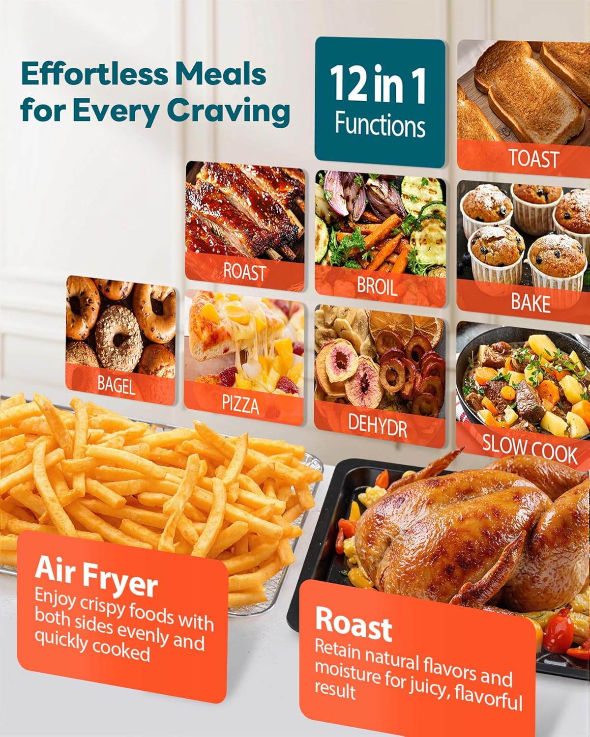 28QT Air Fryer Toaster Oven Combo, Large 12-in-1 Convection Countertop Oven with Next-Gen HeatWave Convection, 3-Layer Cooking, Rotisserie for Chicken, Fits 11" Pizza, Full Accessories, Sparkle Black