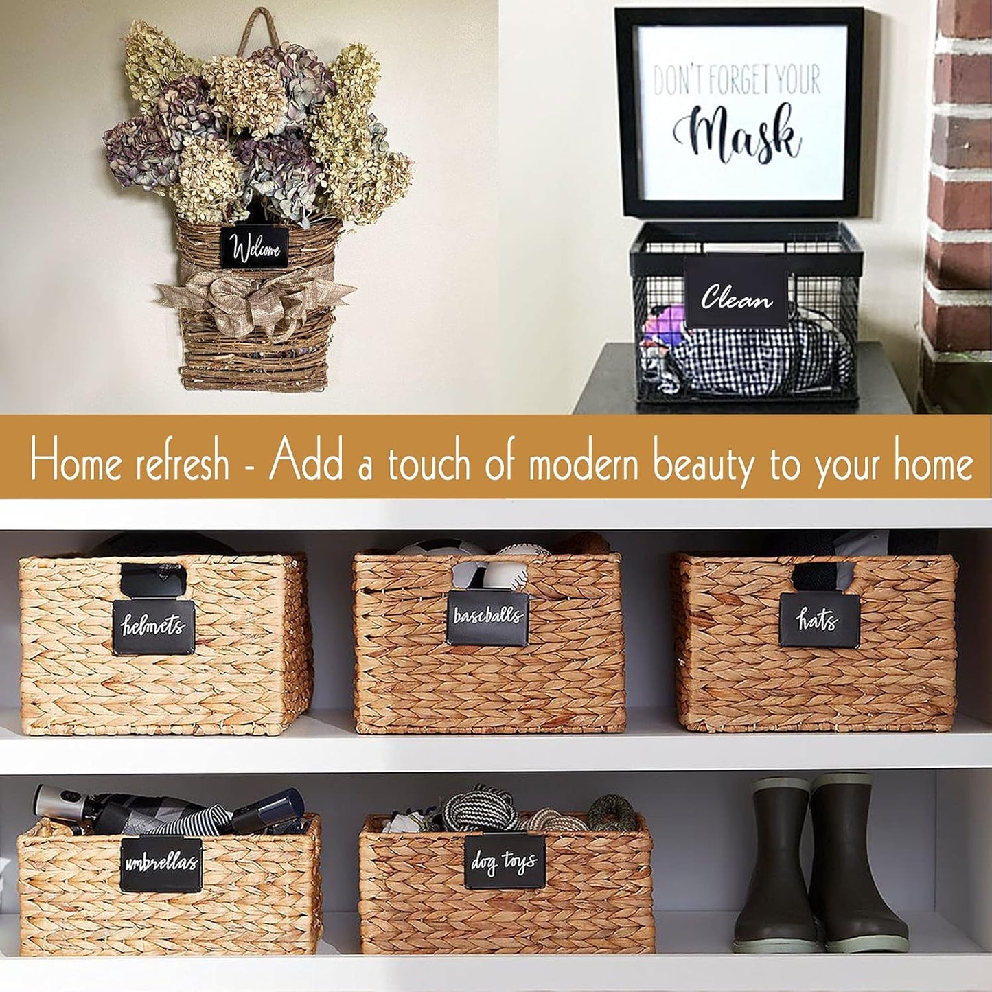 8 Pack Metal Pantry Baskets Labels Clip On for Storage Bins with 2 White Chalk Markers, Organization and Storage Baskets Labels Clips, Kitchen Bins Tag Chalkboard Labels for Baskets