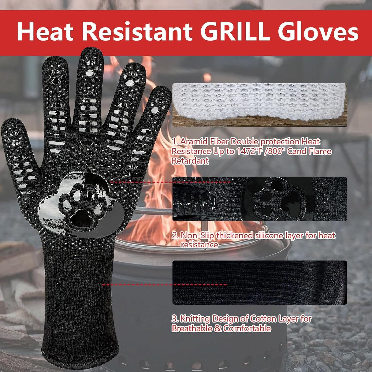 UBeesize Lengthen BBQ Gloves (Bear Paw), 1472°F Heat Resistant Grill Glove, 14 inch Fireproof Oven Gloves for Cooking, Non-Slip Fire Glove for Grilling, Barbecue, Smoker, Baking, Frying