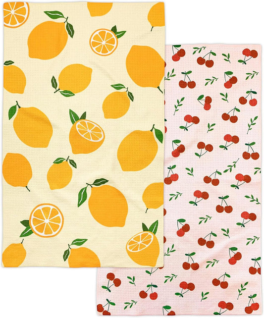 Kitchen Towels, 18" x 30" Dish Towels, Microfiber Tea Towels for Kitchen Drying, Superior Absorbency, Lemon Cherry Series, 2-Pack