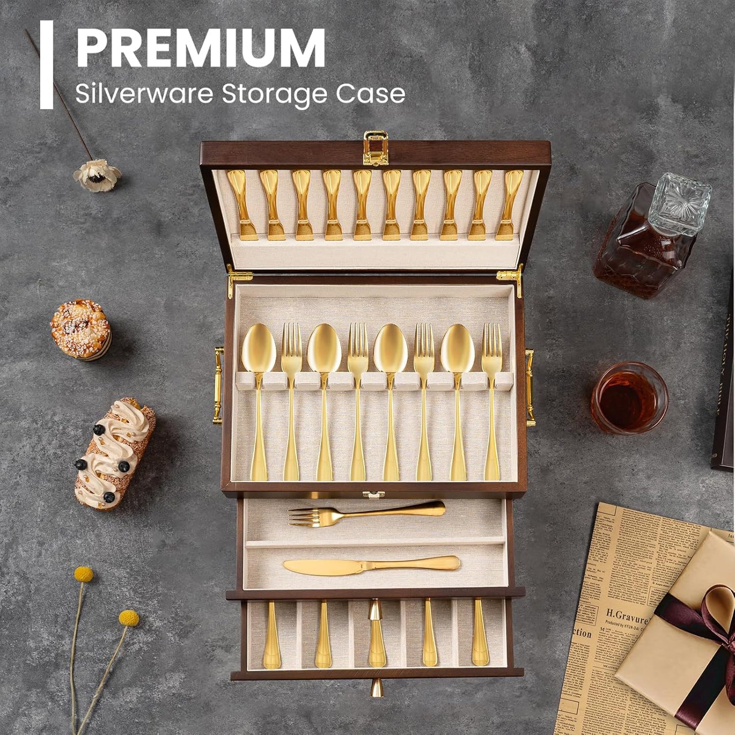 Silverware Storage Box, 3-Layer Flatware Storage Case with Drawer, Wooden Silverware Chest with Handle and Linen Liner, Rustic Silverware Case for Storing Fine Flatware and Utensils (Walnut)