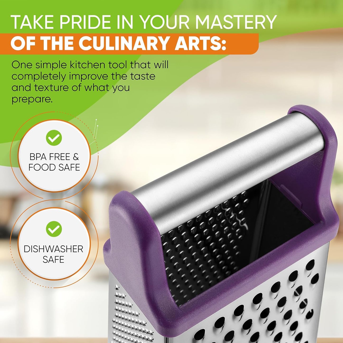 Spring Chef Purple Professional Stainless Steel XL Parmesan Cheese Grater with Handle - Manual Box Grater for Kitchen, 4 Sides, Dishwasher Safe Food Shredder for Vegetable, Potato, Hard Cheese, Carrot