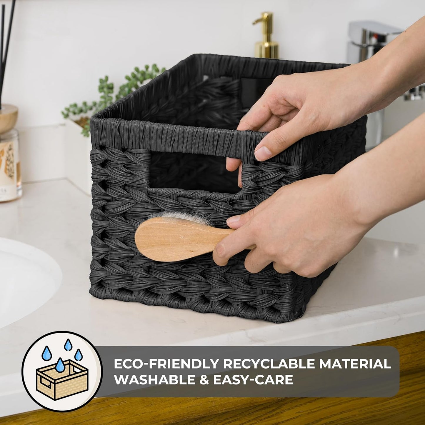 GRANNY SAYS Wicker Basket, Decorative Woven Baskets for Storage, Waterproof Storage Basket Organizer, Wicker Storage Basket for Organizing, 2-Pack, Black