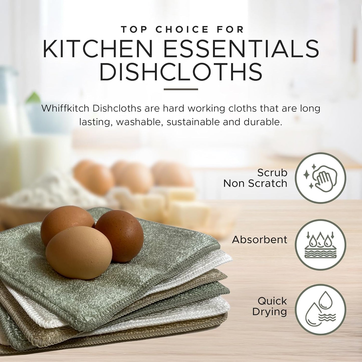 Whiffkitch Dishcloths & Cleaning Cloths - Drying, Durable, Absorbent Washcloths, Non-Scratch, Hygienic, Multi-Surface Cleaning, 6x7 Inches Solid Color, 6 Pack
