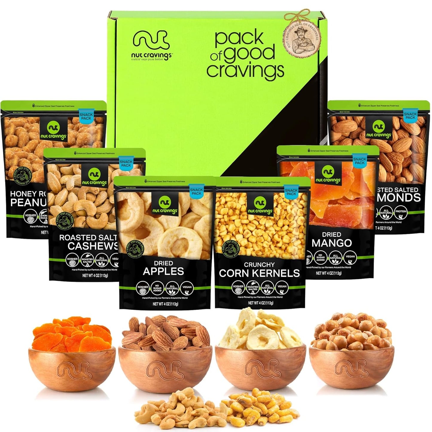NUT CRAVINGS - Dried Fruit & Mixed Nuts Basket in Green Box (6 Assortments of 4 oz, 1.5 lb) Food Arrangement, Healthy Snack Care Package, Food Assortments