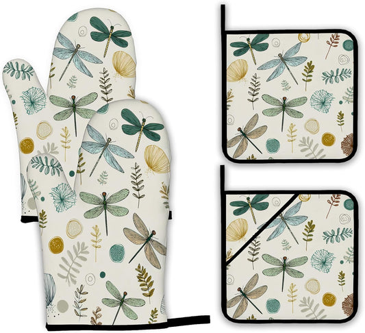 Vintage Dragonfly Oven Mitts and Pot Holders,Boho Heat Resistant Oven Mitts Gloves and Pot Holder for Home Kitchen Decorations Cooking Baking BBQ Gifts,Set of 4