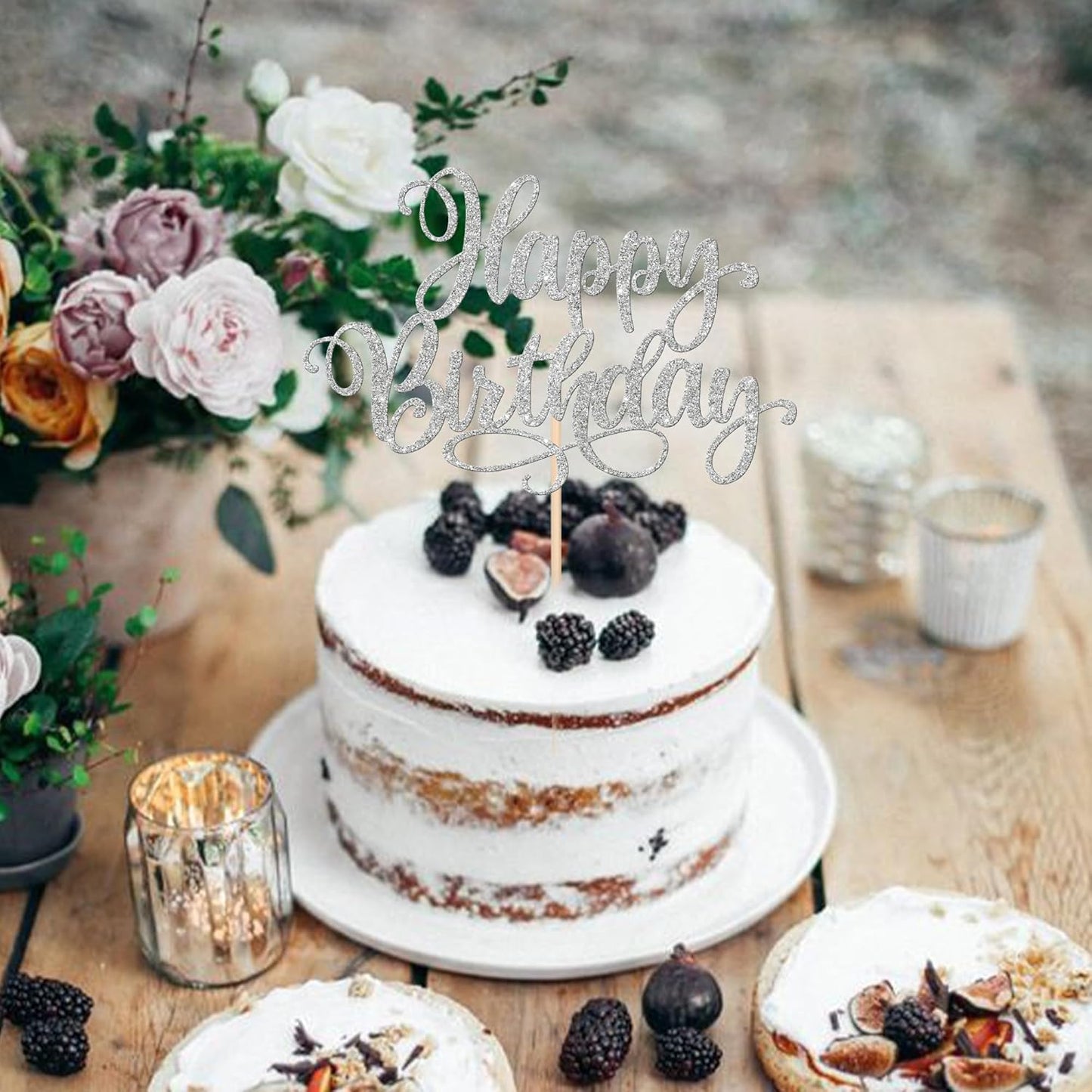 ZHUOWEISM 1 PCS Happy Birthday Cake Topper Glitter Happy Birthday Cake Pick for Celebrating Happy Birthday Anniversary Party Cake Decorations Supplies Silver